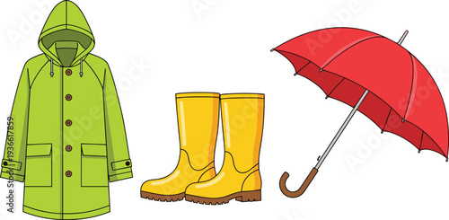 Rainy weather clothing set with raincoat rubber boots and umbrella waterproof protection flat vector illustration