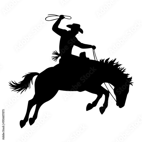Vector Cowboy Silhouette Riding Bucking Horse in Action Holding Lasso Western Rodeo Dynamic Vintage Style