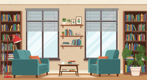 Cozy home library interior with armchairs bookshelves window and reading table flat vector illustration