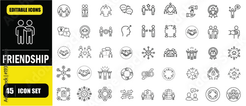 Friendship Outline Icon Set, Companionship, Social Connection, Team Bonding, Mutual Support, Editable Line Vector Illustration for Web and App