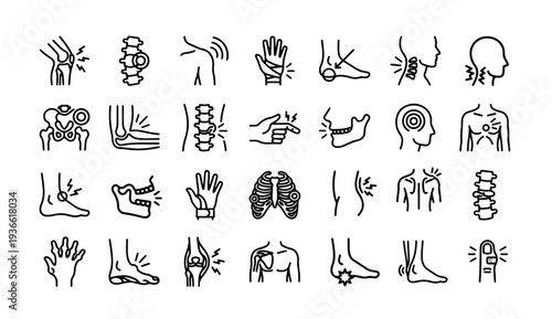Human Body Pain, Joint Injury, Muscle Ache and Orthopedic Symptoms Editable Stroke Line Vector Icon Set for Physiotherapy and Rehabilitation Clinics