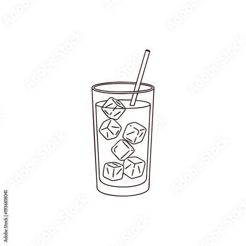Minimalist vector line art illustration of a refreshing glass of iced water or soda with a straw and ice cubes, isolated on a white background