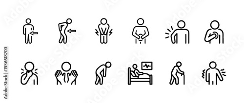 General Illness, Weakness, Fatigue, Sick Person Patient, and Healthcare Medical Symptoms Editable Stroke Line Vector Icon Set for Clinic, Hospital, and Health App UI Design