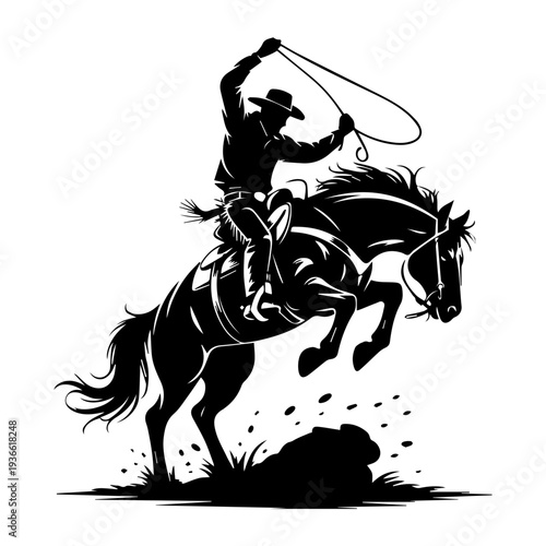 Vector Cowboy Silhouette Riding Bucking Horse in Action Holding Lasso Western Rodeo Dynamic Vintage Style