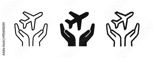 Hands Holding Airplane Icon Set - Travel, Flight, and Aviation Safety Symbols in Various Styles