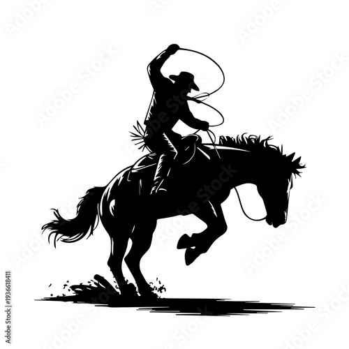 Vector Cowboy Silhouette Riding Bucking Horse in Action Holding Lasso Western Rodeo Dynamic Vintage Style
