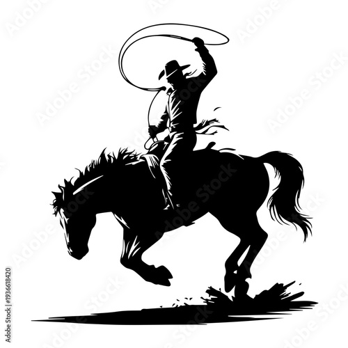 Vector Cowboy Silhouette Riding Bucking Horse in Action Holding Lasso Western Rodeo Dynamic Vintage Style