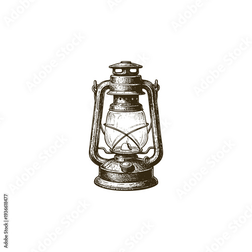 Vintage engraving style illustration of a classic kerosene lantern or oil lamp, featuring detailed metalwork and a glass chamber for traditional lighting and camping designs
