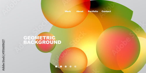 Abstract design features overlapping colorful circles. Text includes work, about, portfolio, contact, geometric background. Gradient shades dominate composition.