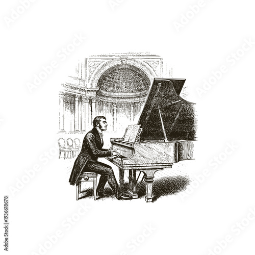 Vintage engraving style illustration of a professional pianist playing a grand piano in a classic concert hall