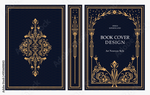 Classic vintage book cover and spine design with Art Deco, Baroque, Art Nouveau and Victorian ornaments. Elegant decorative frame, luxurious retro style for publications, posters and artistic layouts