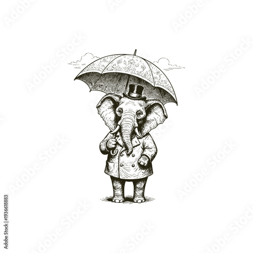 illustration of an anthropomorphic elephant wearing a coat and top hat while holding an ornate umbrella