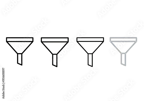 Funnel icons in various line styles and shading presented in a row on a neutral background from a straightforward viewpoint.