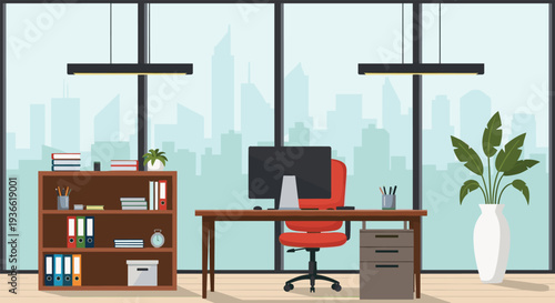 Modern office workspace interior with desk computer chair bookshelf and city skyline window flat vector illustration