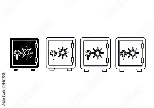 Four safes with gear icons, one highlighted in black, representing security and protection concepts in a simple illustration style.
