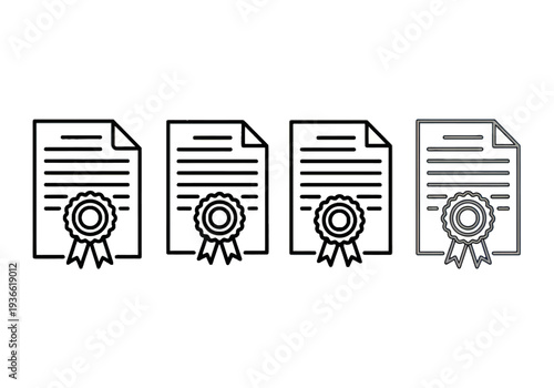 Four documents with certificates and ribbons displayed in a row on a clean background from a straightforward viewpoint