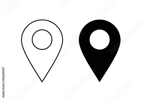 Two map pin icons, one outlined and one filled, representing location markers in navigation and mapping applications, viewed from directly above.