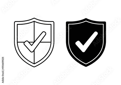 Two shield icons with checkmarks symbolizing security and validation in a digital illustration style presented side by side