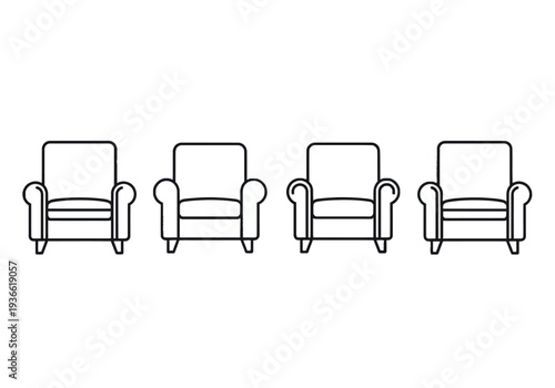 Four armchairs arranged in a row, illustration, interior design concept, furniture, simple line art, front view