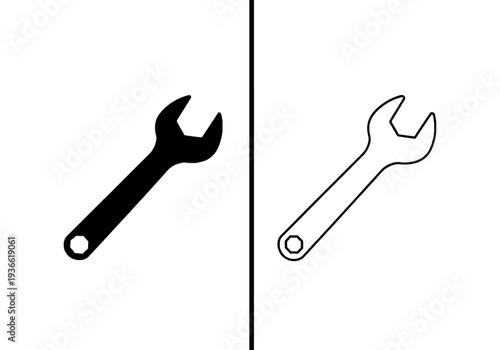 A black wrench and a line art wrench displayed side by side on a clean white background from a straightforward front viewpoint illustrating tools.