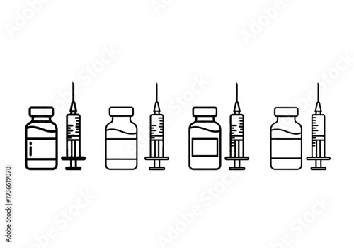 Medical supplies including vials and syringes arranged in a row on a clean surface viewed from directly above clearly visible