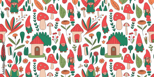 Cute gnome forest seamless pattern with mushrooms flowers leaves cottage and whimsical woodland elements hand drawn outline vector illustration.