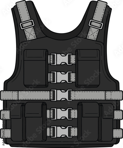 Tactical military vest body armor protective gear equipment front view flat vector illustration