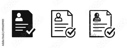 Resume and checkmark icon set. CV, successful application, and employment concept.
