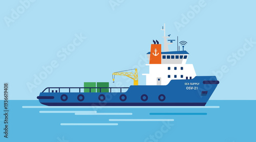 Blue research vessel with crane and cargo in calm water