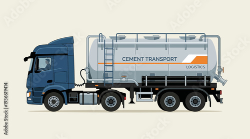 Blue cement tanker truck, industrial logistics, isolated on light background.