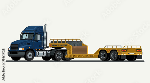 Blue semi-truck with yellow lowboy trailer, side view, isolated on white
