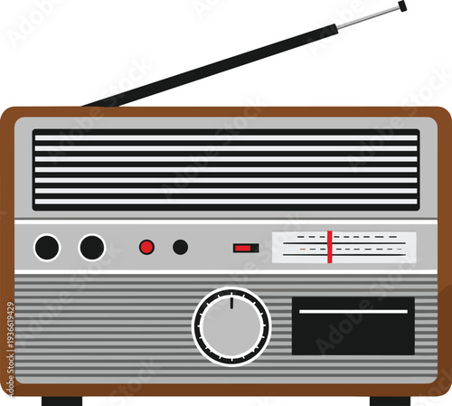 Vintage portable radio receiver with antenna retro audio device classic music technology flat vector illustration