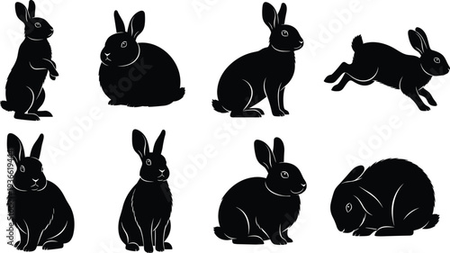 Rabbit silhouettes collection with different bunny poses sitting running and standing, cute animal shapes black vector illustration set