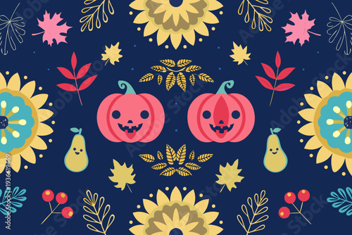 A colorful autumn pattern featuring pumpkins flowers and fall foliage
