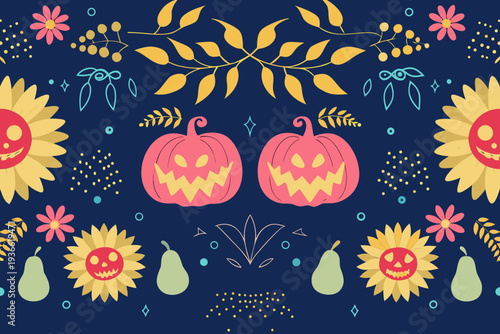 Autumn floral pattern with pumpkins sunflowers and pears on blue