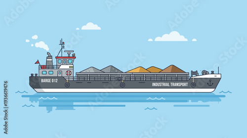 Cargo barge carrying gravel and sand on water, industrial transport illustration