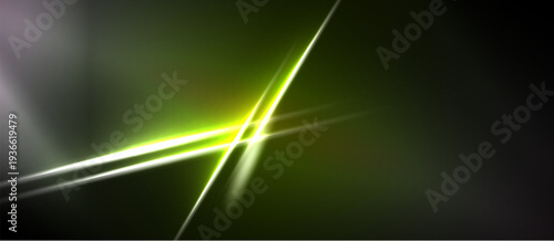 Abstract background features bright lines, gradients. Dark tones dominate with vibrant green highlights, creating dynamic visual effect.