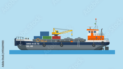 Cargo barge with containers and crane on blue water, flat design
