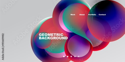 Abstract design features overlapping colorful circles. Text includes work, about, portfolio, contact, geometric background. Gradient shades dominate composition.