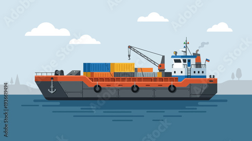 Cargo ship with containers on the sea, illustration