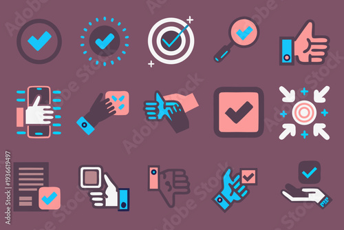 Collection of colorful flat design icons representing success and approval