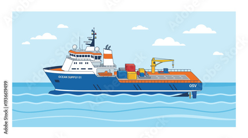 Cargo Ship Sailing on Ocean with Crane and Containers