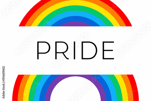Colorful rainbow arcs and the word pride on a white background