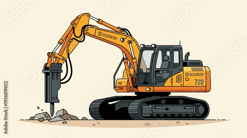 Heavy Duty Excavator with Hydraulic Breaker Attachment Demolishing Rocks