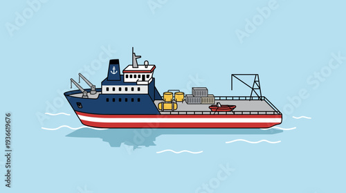 Illustration of a cargo ship with containers sailing on a blue sea