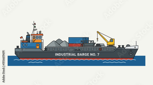 Industrial barge carrying cargo and gravel on water