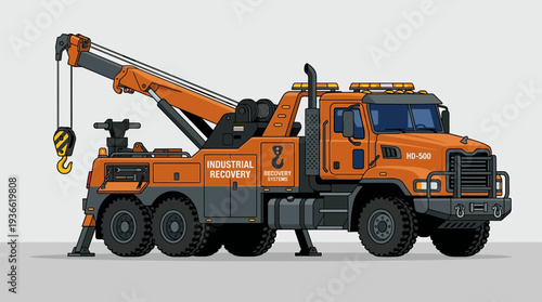 Orange heavy duty tow truck with crane, industrial recovery vehicle