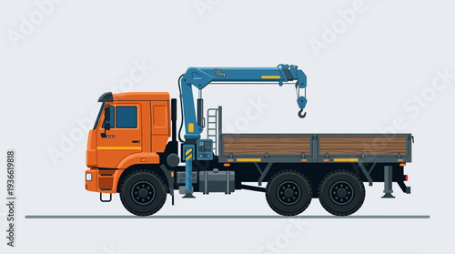 Orange flatbed truck with blue crane, isolated on light blue background