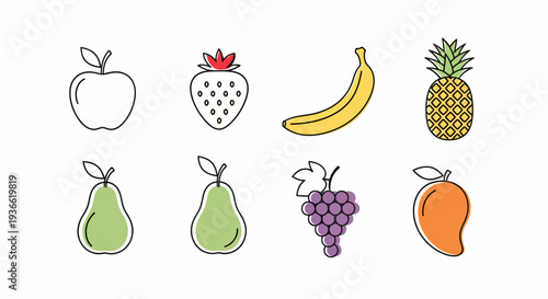 Colorful illustration of fruit icons including apple, strawberry, and pears