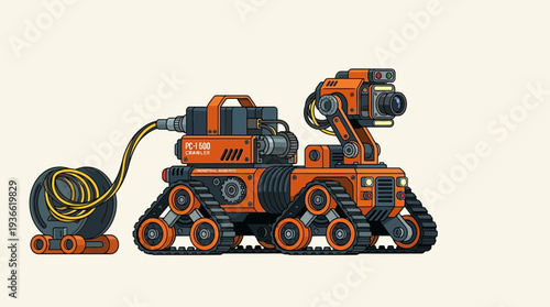 Orange industrial robot crawler with camera and cable reel